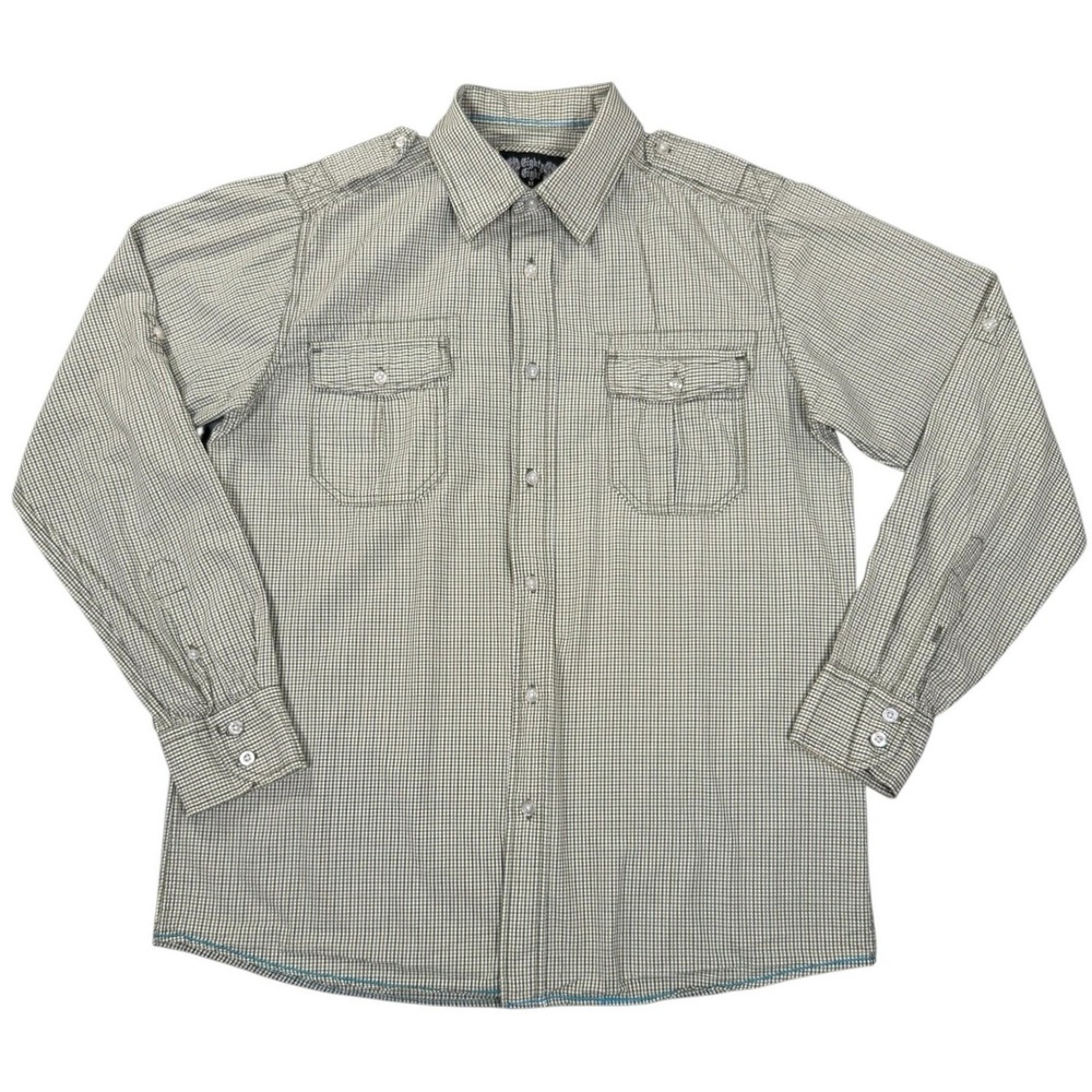 Eighty Eight Mens Medium Olive Gingham Military Utility Button Up Shirt Cotton